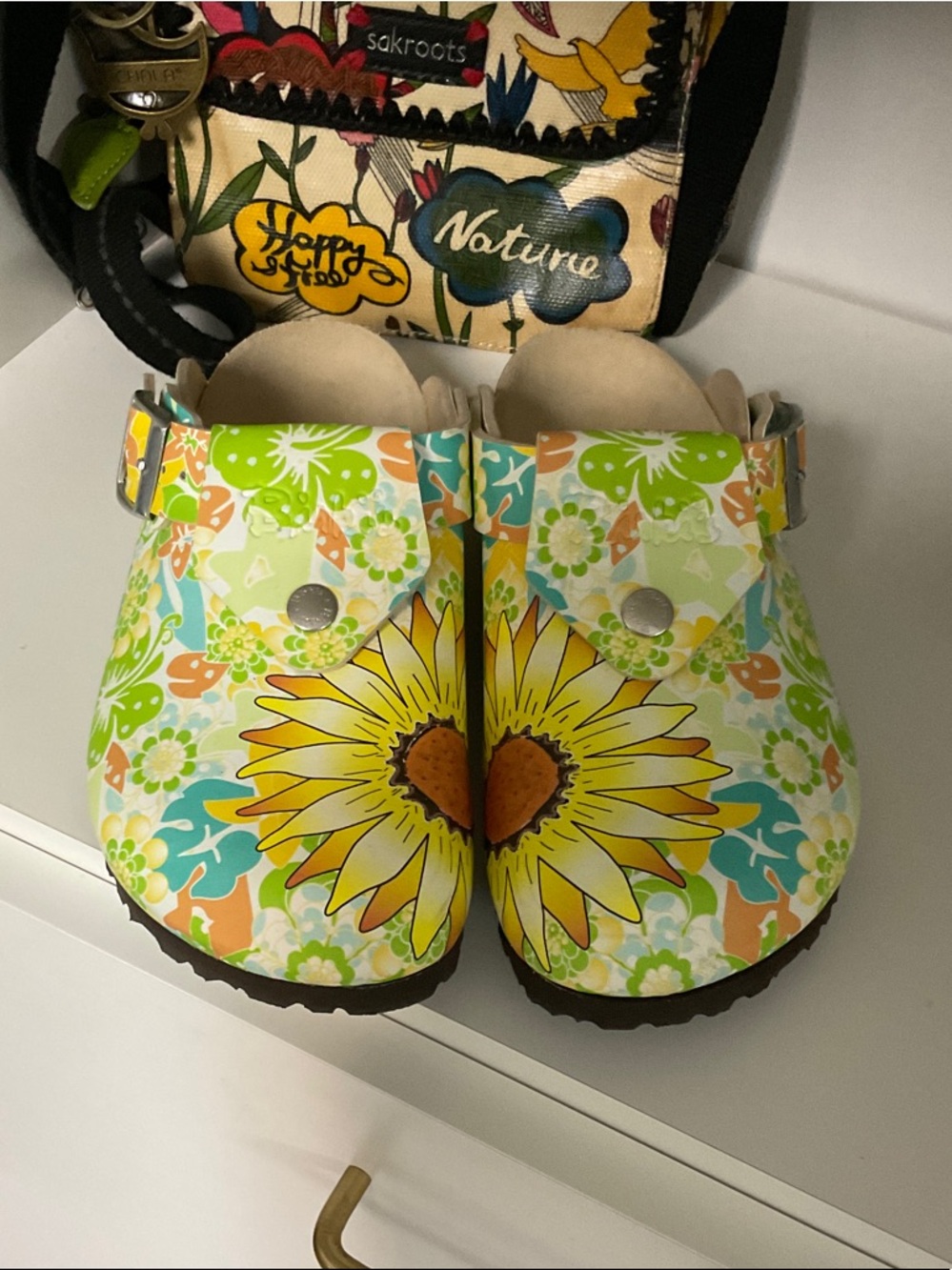 Birki’S Floral Sunflower Clog Mules in Yellow & Green